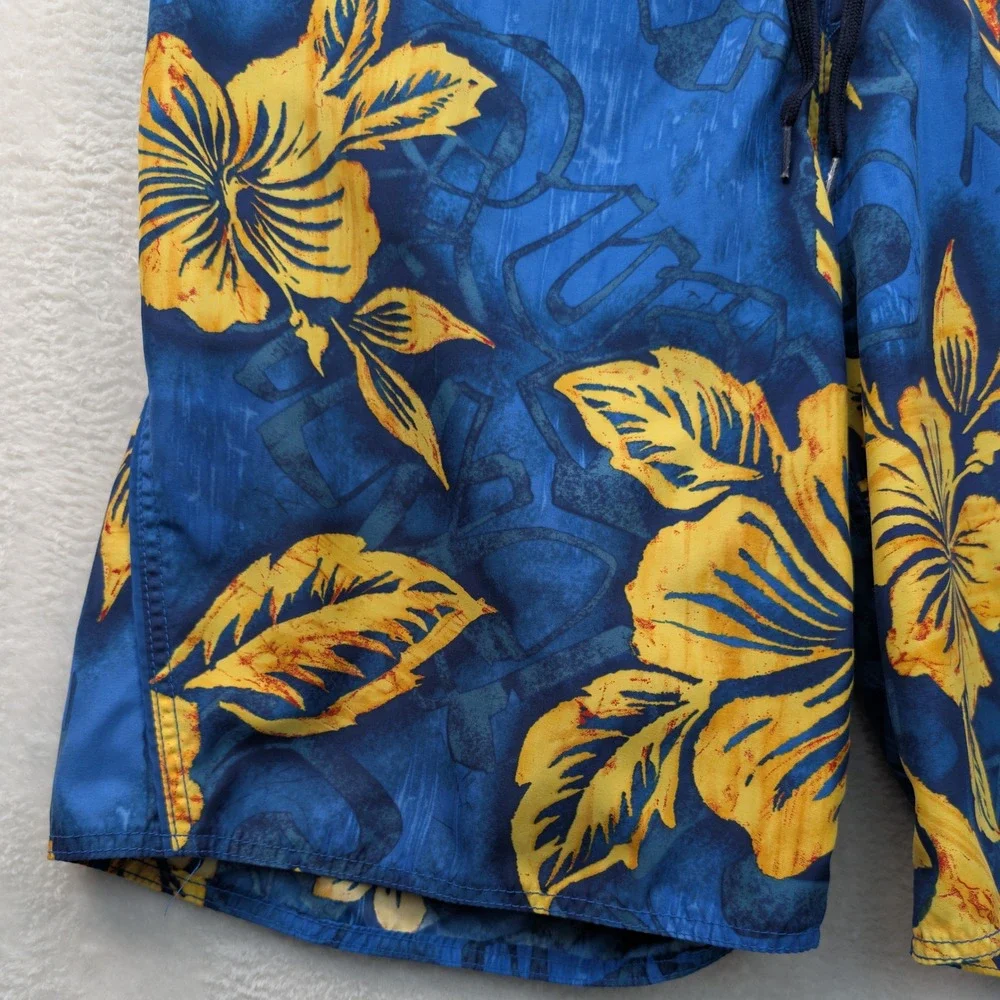 VTG Quiksilver Board Shorts Mens 35 Blue Yellow Floral Hibiscus Surf Relaxed Y2K